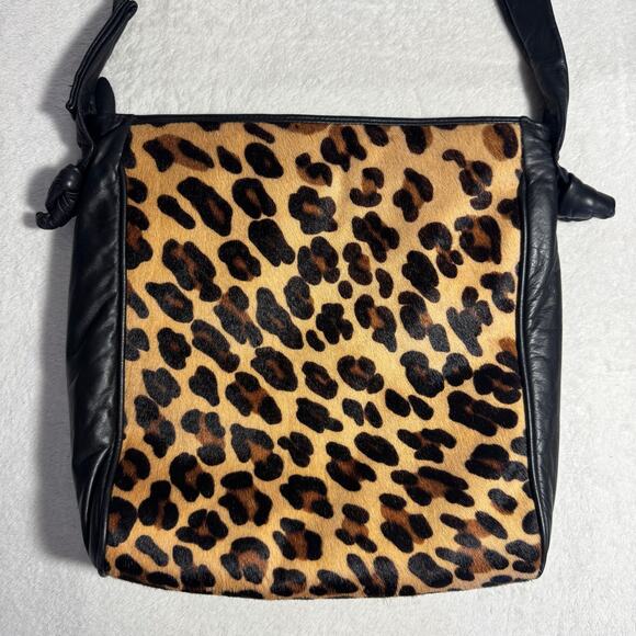 Vintage 80s Leather & Pony Hair Leopard Print Shoulder Bag - Picture 3 of 8